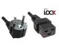 Preview: Mains cable Europe CEE 7/7 90° to C19, 1.5mm², with lock, VDE, black, length 2.00m
